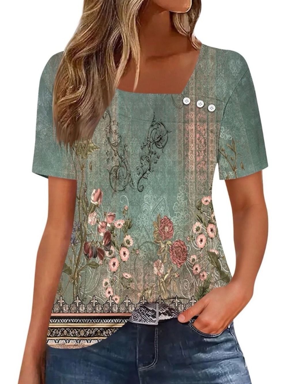 Soesdemo Square Neck Floral Short Sleeve Tee in Sage Green S